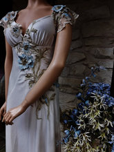 CUSTOM GREAT GATSBY Style Movie Theater Dress Beige Velvet Blue Flower Swarovsky Beaded Flapper Edwardian Dress