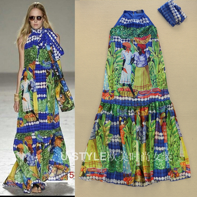 Women's Fashion Summer Runway Tropical Harvest Season Print Loose Sleeveless Floor-Length Blue Bohemian Long Dress