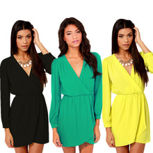 new sale sexy deep v neck collect waist chiffon long sleeve ladies dress solid color party evening women dresses MQZ632