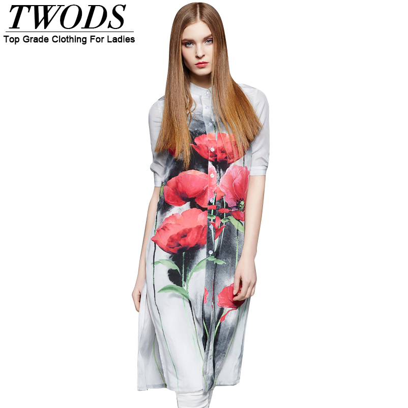 Twods Real Silk Red Tulip Flowers Print Women Shirt Dress Button Open Half Sleeve Tunic Ladies 2016 Summer Split Short Dresses