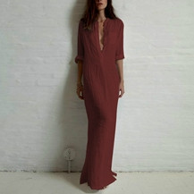 New-Women-Lady-Fashion-wrap-V-Neck-Pocket-Linen-Cotton-Blouse-Casual-Long-Split-Maxi-Dress