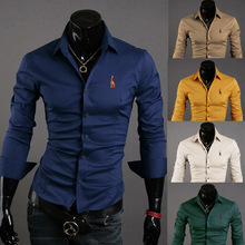 Mens Shirts Slim Fit Small Deer Embroidery Chemise Homme Slim Fit M-2Xl 5 Colors Yellow Kahki Green Navy Dress Shirt Male
