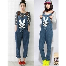 2016 New Free Shipping Womens Jeans Jumpsuit Bib Denim Loose Long Overalls Rabbit Printed Casual Girls Pants Jeans