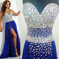 Real Sample Royal Blue Elegant Prom Dresses 2015 Chiffon Long Evening Dress for Prom Abendkleider Crystal