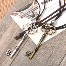 2016 new arrival fashion long leather key pendant vintage necklace women men jewelry leather rope necklaces