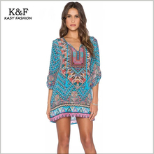 Women bohemian summer dress 2016 Ethnic Ropa Mujer 3/4 sleeve V neck vintage floral print dress short hippie vestidos femininos