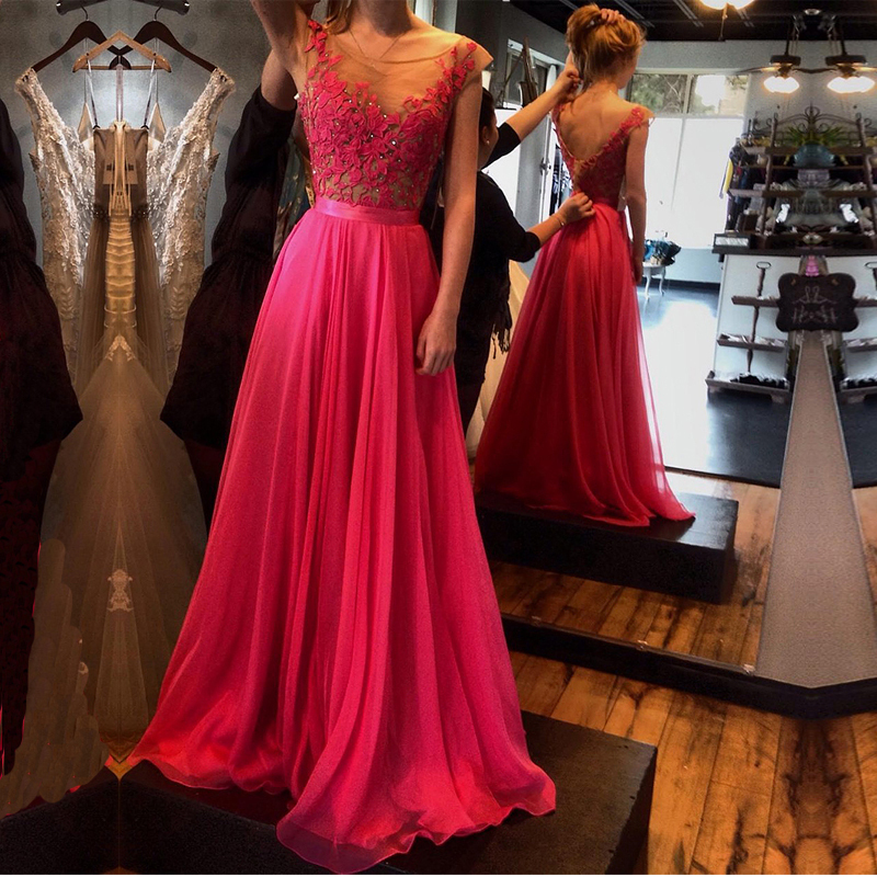 Aliexpress.com Comprar Vestidos de fiesta 2016 de noche elegante vestido de fiesta sin espalda Sexy fucsia del Applique del cordón una línea baile Vestidos