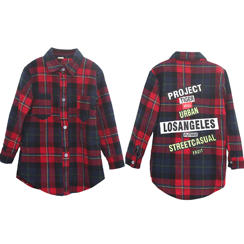 Girls Blouse Kids Shirts 2 14Y Fashion Long font b Plaid b font Letter Print Blouse