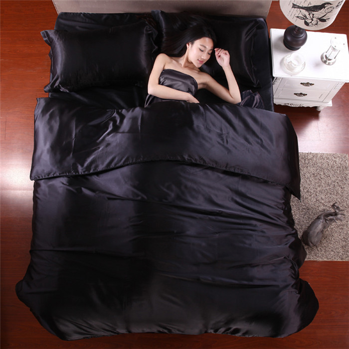 2016 Hot Silk Quilt Black Satin Sheets Bed Linen Cotton Solid Satin Duvet Cover Set King Size Bedsheet 4pcs of Bedding Sets