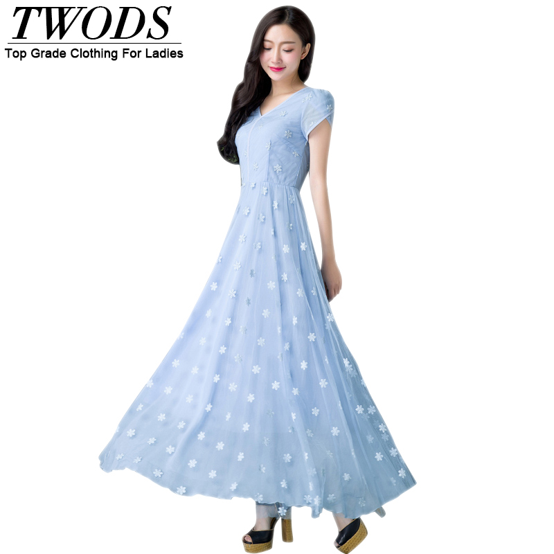 Twods Elegant Light Blue Chiffon Women Mesh Overlay Dress V-neck Short Sleeve Slim Cut Flare Maxi Long Dresses Plus Size Vestido