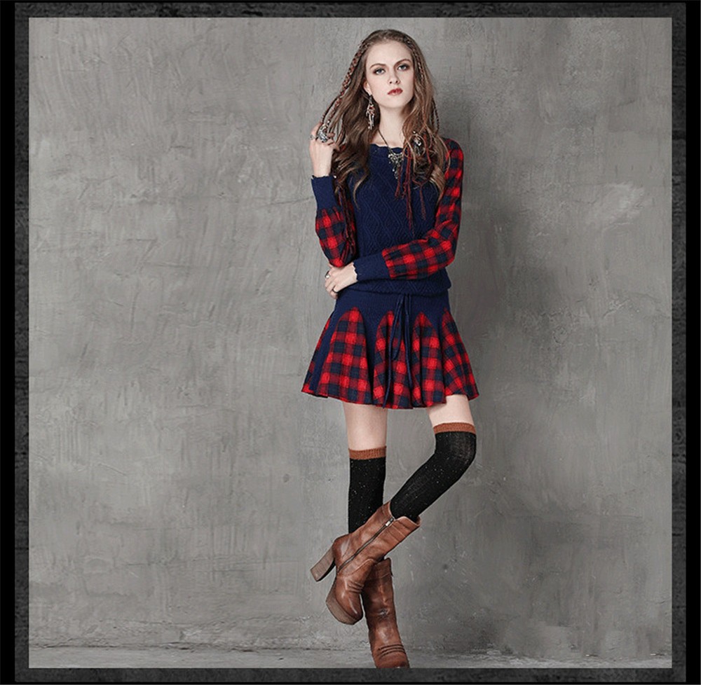Vintage Wool WINTER DRESS 2016 Casual Knitting Long Sleeve Women Dress Plaid Sashes Patchwork Sweater Dress Woman O-neck Vestido (7)