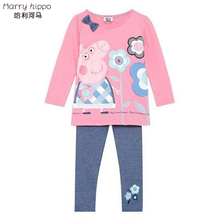 retail 2015 spring autumn baby girls clothing set peppa loves flower kid apparel pink suit long sleeve t shirt+pants BK0015