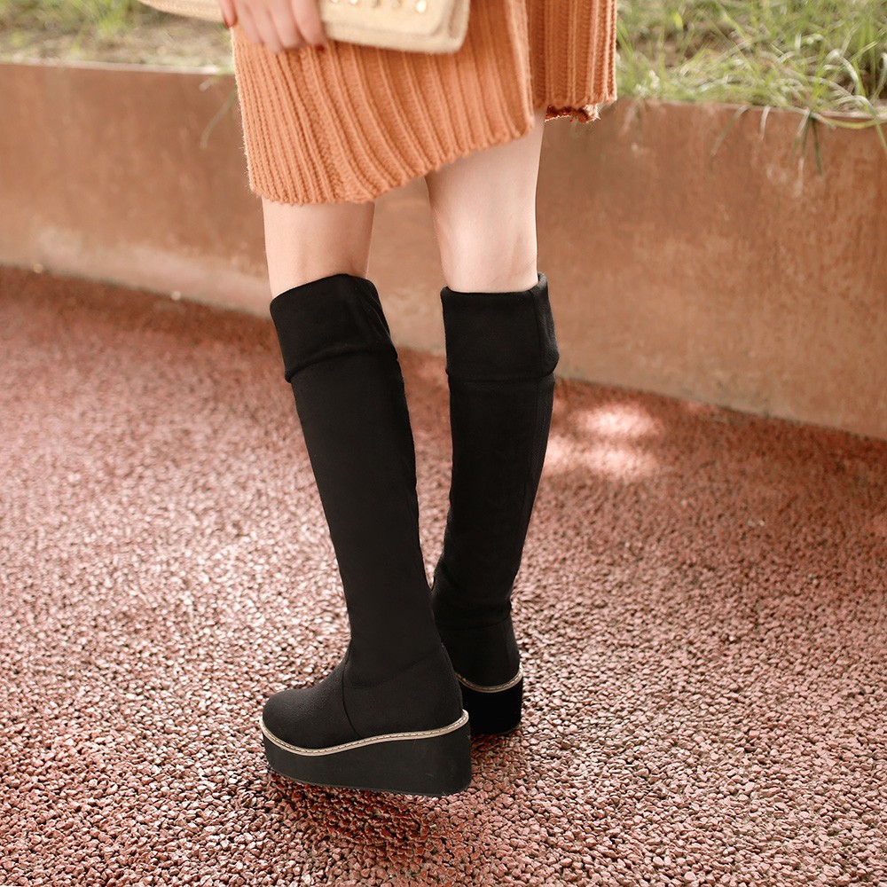 Stretch Nubuck&PU Black Red Blue Wedge Platform Women Thigh High