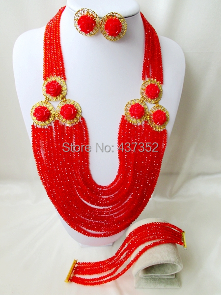 Exclusive New Long Design Flower Red Crystal Nigerian Wedding Party Beads African Beads Jewelry Set Free shipping CPS4339