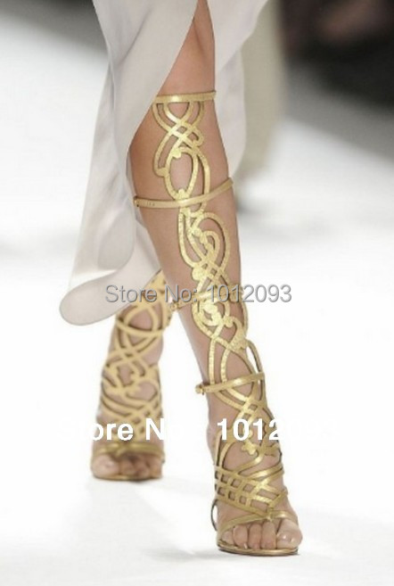 Real Photohottest New Designer Cut Out Gold Knee High Boots High Heels Gladiator Sandal Boots