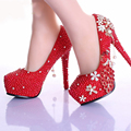 Elegant Red Pearl Rhinestone Wedding Shoes Handmade Gorgeous Bridal Shoes 5 Inches High Heel Diamond Woman