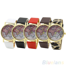 Men ‘ s mujeres de mapa del mundo Faux la correa de cuero ocasional del análogo de cuarzo reloj de pulsera 28BI