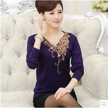 Embroidery Bottom Women Sweater Large Size Middle Age Mother Top Autumn New Design Long Sleeve Knitt