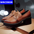 Big Size 34 43 Ladies dress shoes woman pointed toe thick heels platform pumps brown 2017