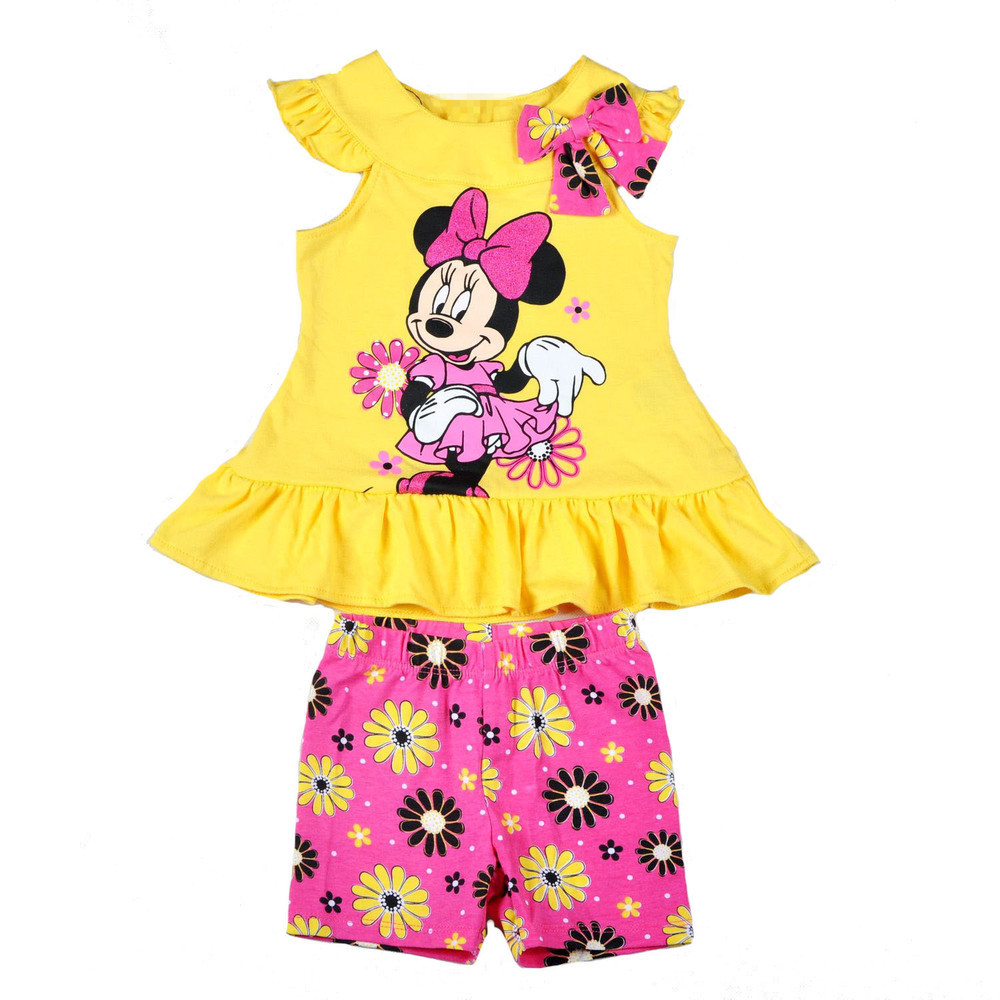 Children Cute cartoon  Mouse summer suit girls yellow cartoon short sleeve shirt+flowers short pants suit Two pieces set