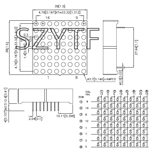 10 pcs LED Dot Matrix Display 3mm 8x8 Red Common Cathode 32x32mm 16pin New