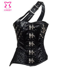 One Shoulder Rivets&Chains Black Leather Sexy Steel Corset Plus Size Waist Trainer Korsett For Women Vintage Steampunk Costuming
