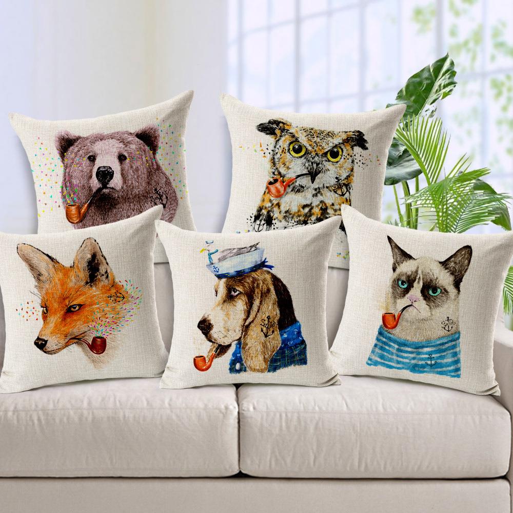 Hand draw cartoon alimals with tobacco pipe animals decorative pillows cover linen chair cover ...