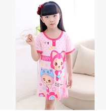 2015 Promotion Summer Kid’s Sleepwear Cartoon Round Neck Child Girl Cotton Pajamas Short Sleeve Sleepshirt Nightgown Sleep Dress