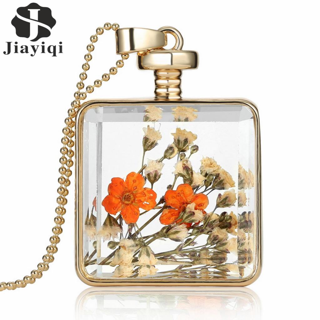 Dry Flowers Collares Transparent Glass Square Pendant Necklace Long Gold Chain Statement Necklace Summer Vintage