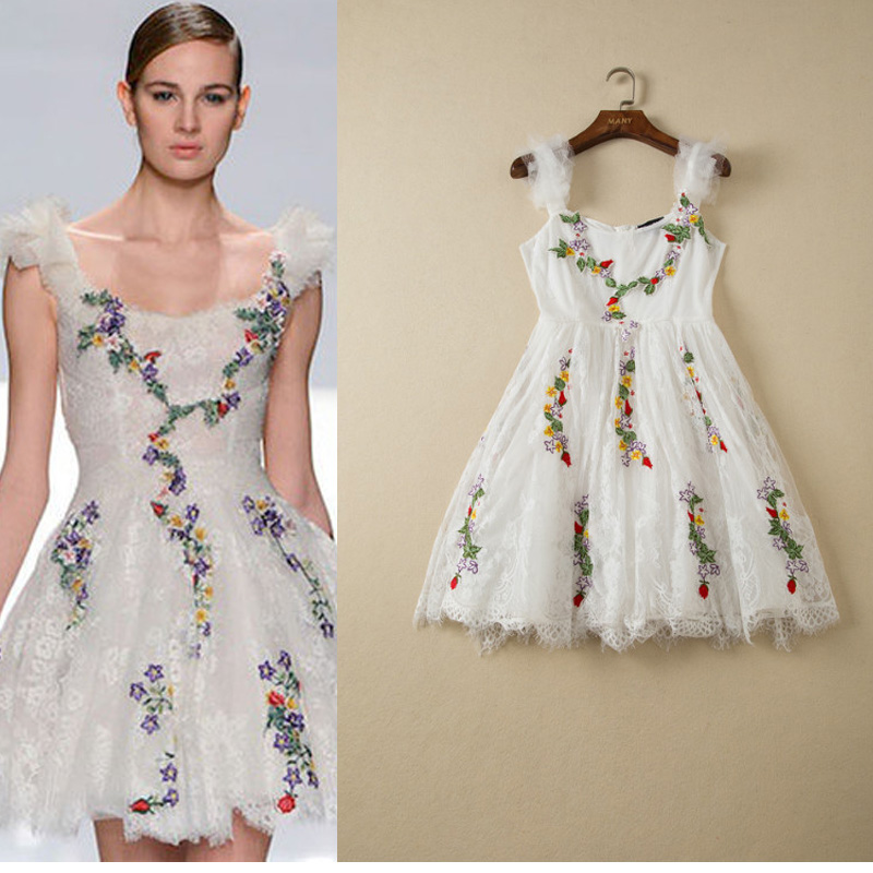 High Quality 2014 Spring Summer Runway Fashion Sleeveless Knee-Length Embroidery Lace Black & White Princess Dresses