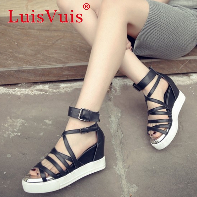 Здесь можно купить  women real genuine leather platform cross strap wedge high heel sandals sexy fashion brand heeled ladies shoes size 34-40 R6375  Обувь