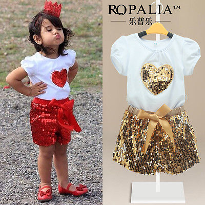 2016 Summer Hot selling Baby Kids font b Girls b font Short Sleeve Heart Sequin Shinning