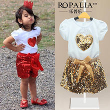 2016 Summer Hot selling Baby Kids font b Girls b font Short Sleeve Heart Sequin Shinning