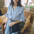 New Preppy Style Bowlt Plaid Qing Cuff Design Blouse Shirt Blue Black 5665