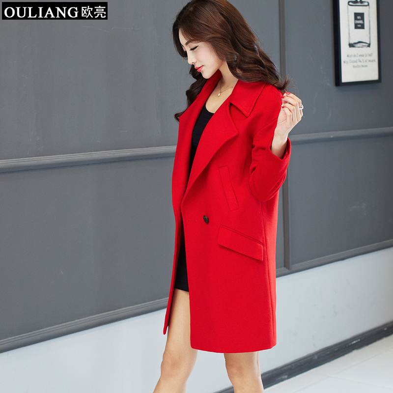 European bright 2015 new autumn and winter in the long wool coat with temperament pure wool coat female red