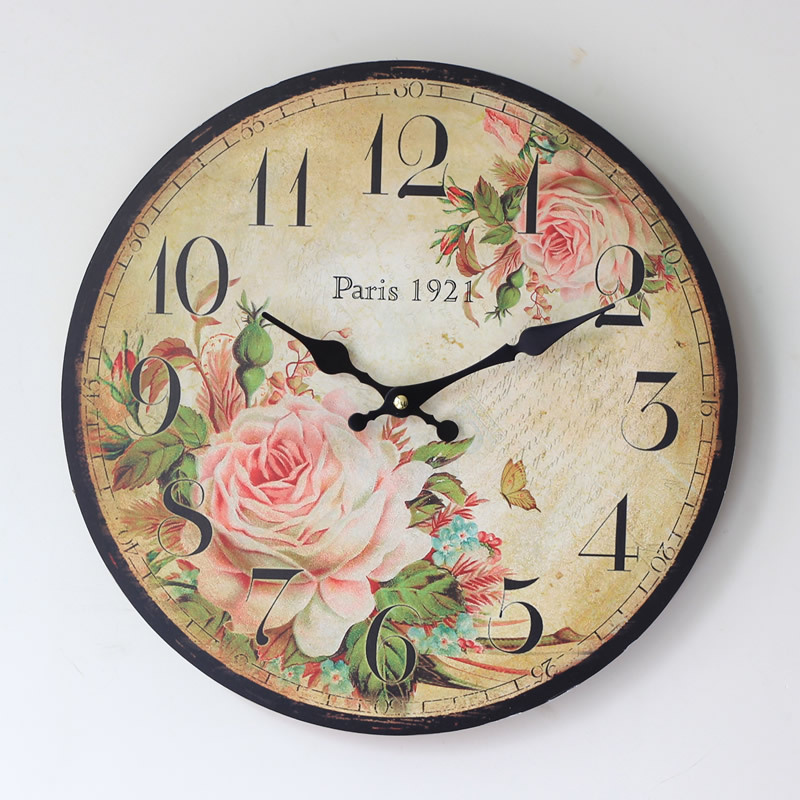 2016 Limited Reloj Pared Horloge Murale Zakka Style Roses Painted Wood Wall Clock Round Electronic Quarz For Home Decoration