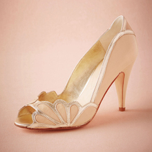 Blush Wedding Shoes Women Pumps Peep Toe Scallop Heel Shoe 3″ High Heels Slip-On Handmade In Party Big Size Sandal Made-to-order