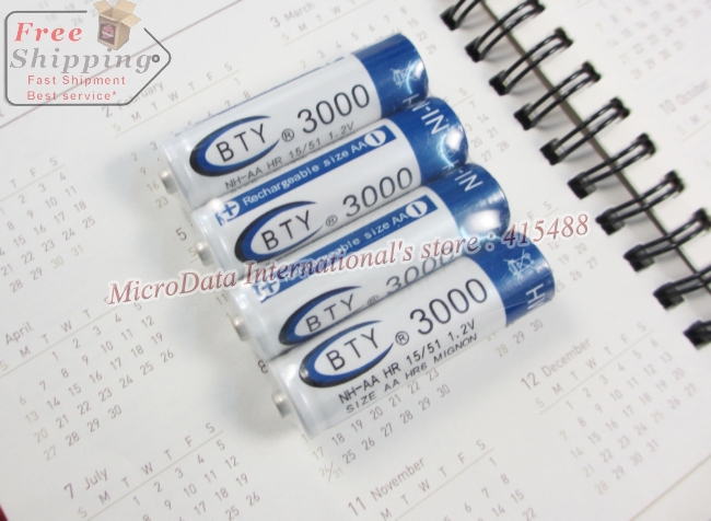 High Quanlity Rechargeable Battery AA 3000mAh 4 X BTY NI MH 1 2V Rechargeable 2A Battery