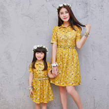 Fashion Flora Women Dresses Family Dresses for Mummy Girl Toddler Girl Dresses Family Matching Clothing Yellow Dresses DR711