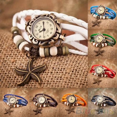 Woman Girl Vintage Leather Bracelet Starfish Decoration Quartz Wrist Watch 2KJQ