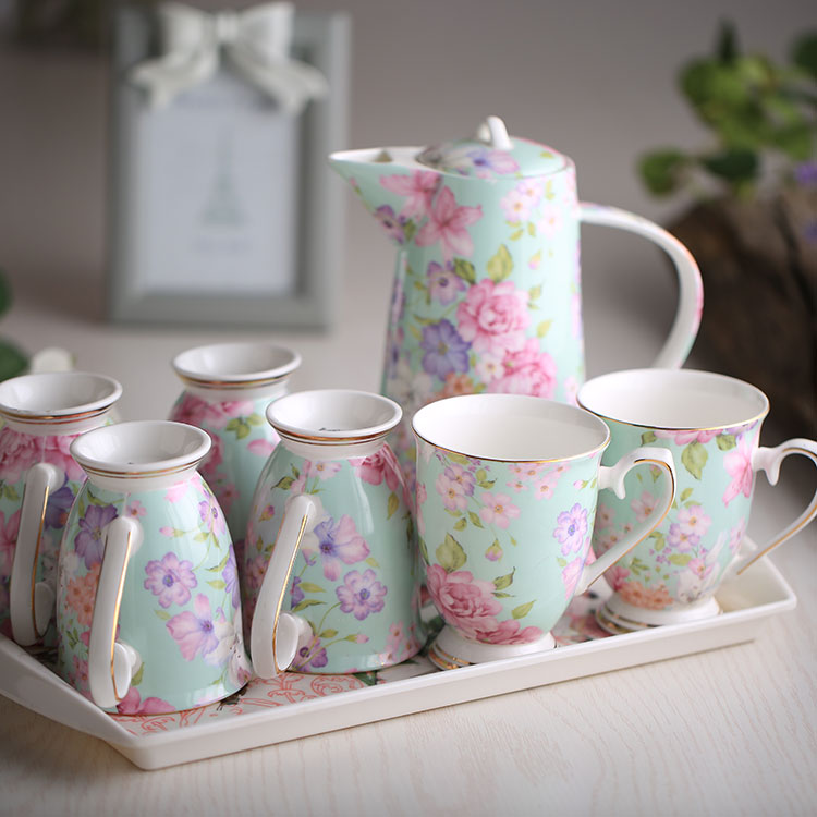 Fashion Bone China Ceramic Coffee Tea Water Cup And Pot 7 Peices Sets European High Quality