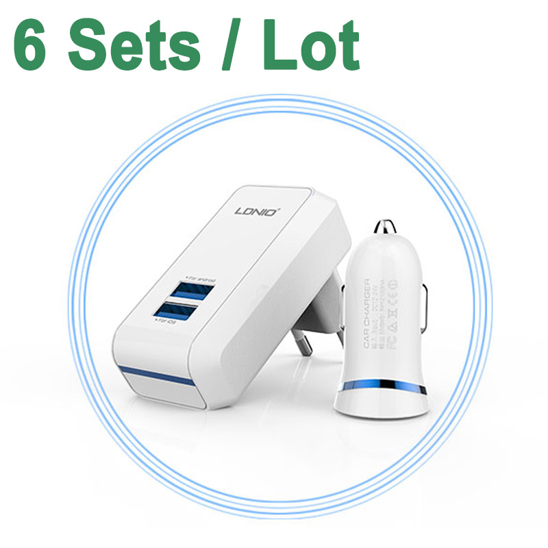 6 sets/lot LDNIO S100 Charger Kit (5V 2.1A 2 USB Port Travel Charger Plug + USB Car Charger +Micro USB Cable) for Samsung Phones