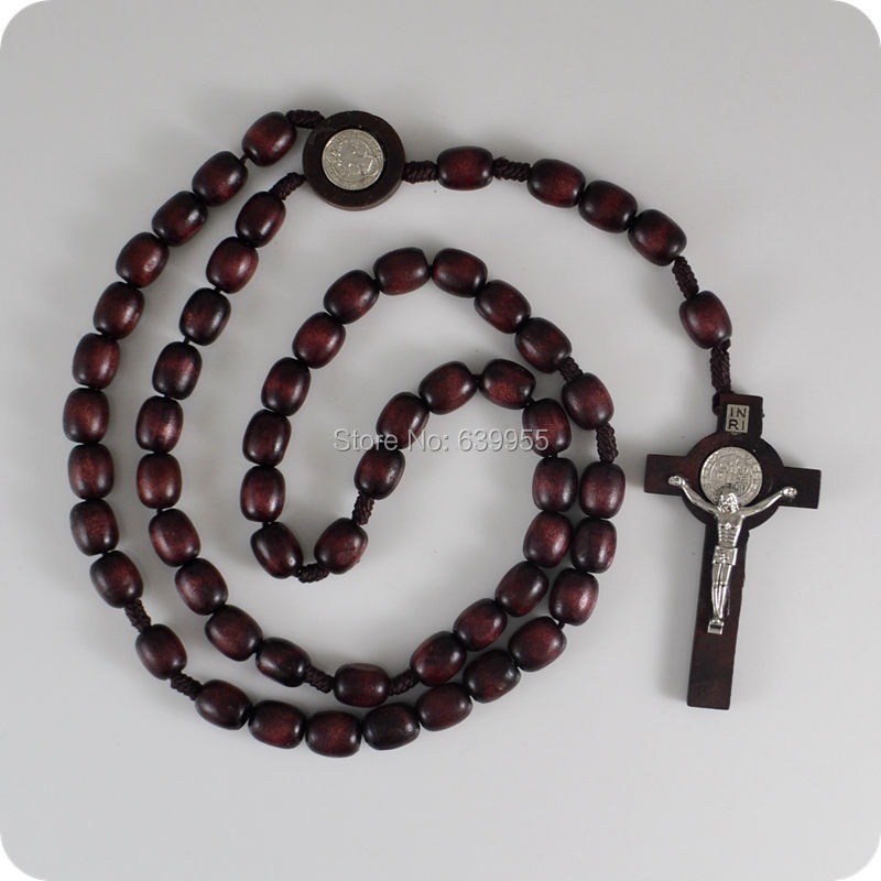 NEW dark Brown wood Rosary Beads Saint Benedict Medal INRI JESUS Cross Pendant Necklace Catholic Fashion