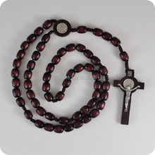 NEW dark Brown wood Rosary Beads Saint Benedict Medal INRI JESUS Cross Pendant Necklace Catholic Fashion Religious jewelry