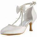 Women Shoes Bridal Shoes Closed Toe Mid Heels T Strap Pumps Bows Satin Bride Lady Wedding