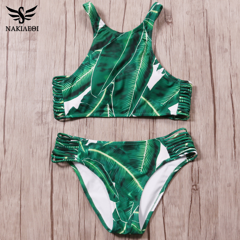 NAKIAEOI-Sexy-High-Neck-Brazilian-Bikini-2017-Swimwear-Women-Swimsuit-Bandage-Green-Leaf-Bikini-Set-Print