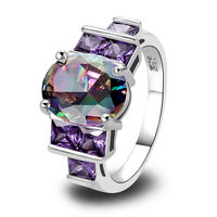 Wholesale Charm Fancy Shinning Round Cut Rainbow Sapphire & Amethyst 925 Silver Ring Size 6 7 8 9 10 Noble Jewelry Free Shipping