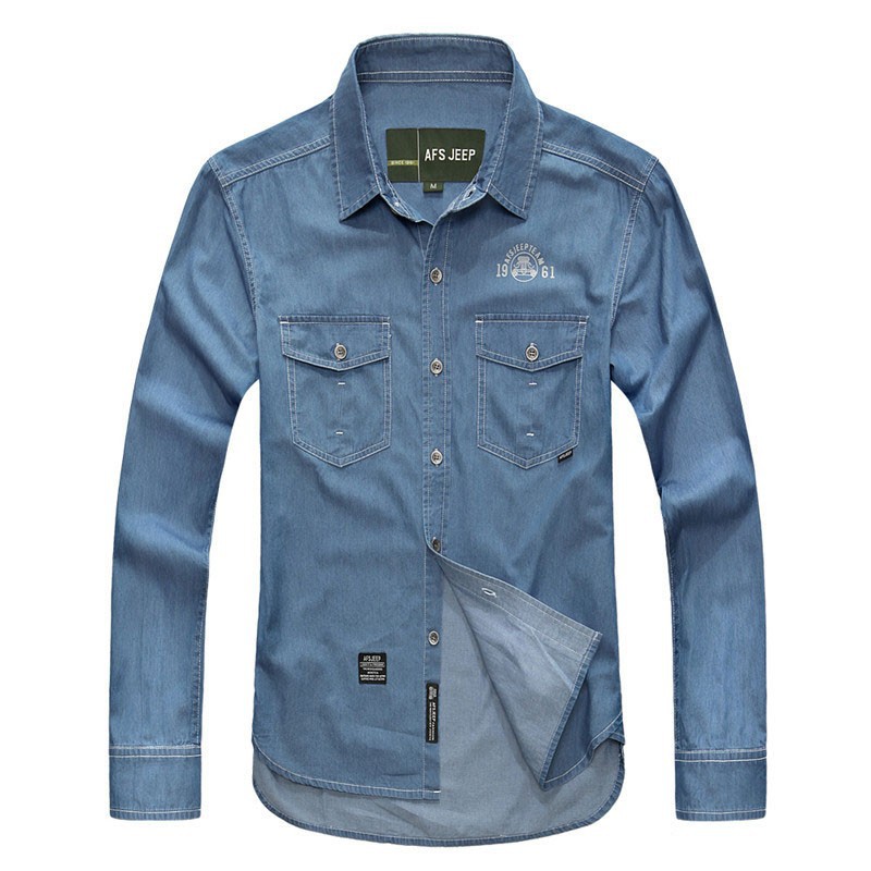 M~4XL 5XL 2015 Autumn Spring Men Denim Long Sleeve Dress Shirts Loose Cotton Brand AFS JEEP Plus Size Solid Color Camisas Shirt