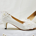 Lace flower rhinestone crystal Middle heels bride wedding shoes white bridesmaid party prom woman pumps free