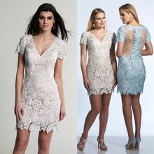 Champagene Blue Lace Cocktail Dresses 2016 V Neck With Short Sleeves Plus Size See-through Mini Short Custom Made Party Dresses